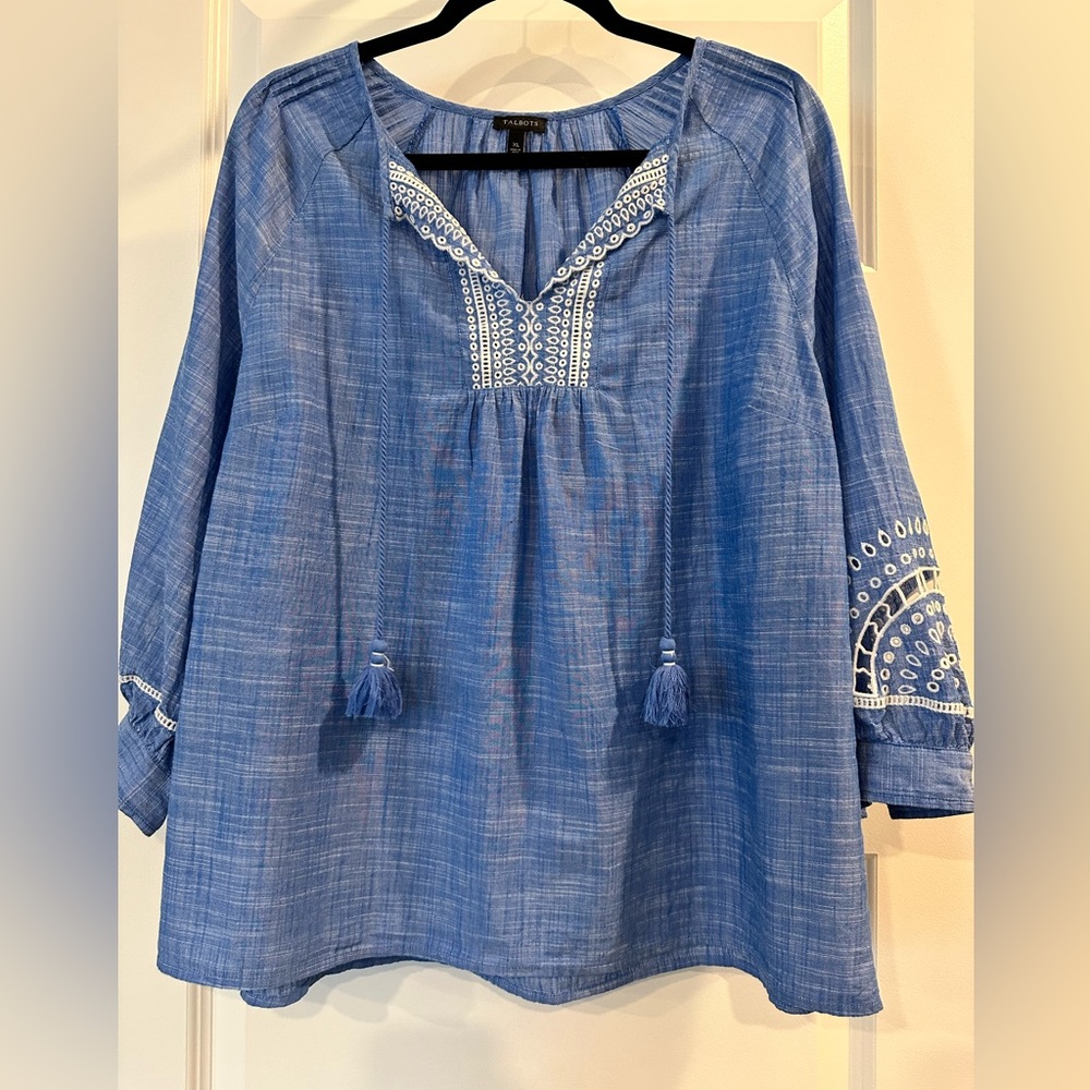 Talbots blue and white blouse.